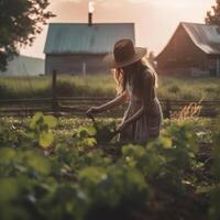 niña trabajando en jardín. ilustración ai generativo foto