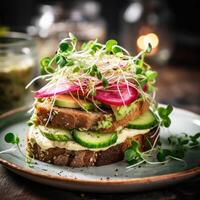 Vegetarian sandwich made with sourdough bread, avocado creme, cucumber, radish and remoulade sauce Illustration photo