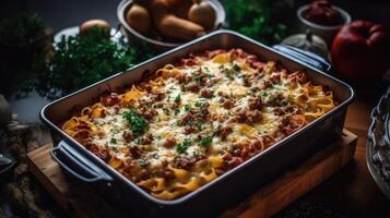 Homemade Spaghetti Breakfast Casserole in a Baking Dish. Illustration photo