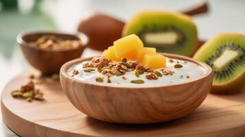 Mango yogurt with granola and kiwi in wooden bowl Illustration photo