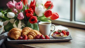 hermosa desayuno, almuerzo con taza de café y Fresco cruasanes, tulipanes ilustración ai generativo foto