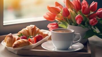 hermosa desayuno, almuerzo con taza de café y Fresco cruasanes, tulipanes ilustración ai generativo foto