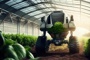 robot agricultura cosecha agrícola productos en investigación centro. innovador futuristic tecnología y 5g inteligente agricultura concepto. generativo ai foto