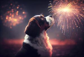 The dog is afraid and shocked by the sound of fireworks with sky background. Pet and animal concept. Digital art illustration. Generative AI photo