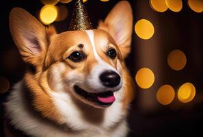 contento corgi perro en fiesta con bokeh ligero antecedentes. animal y mascota concepto. generativo ai foto