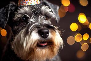Happy Schnauzer dog in party with bokeh light background. Animal and pet concept. Generative AI photo