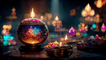 Diwali festival with colorful candles light and bokeh background. photo