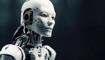 White robot humanoid portrait with copy space background. photo