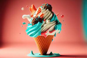 Melting ice cream cone with sweet toppings on minimal studio background. Summer food and fun concept. Digital art illustration theme. photo