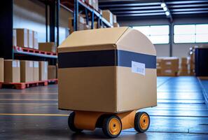 Robot AGV transporting cardboard box in warehouse background. Technology innovation and delivery concept. photo