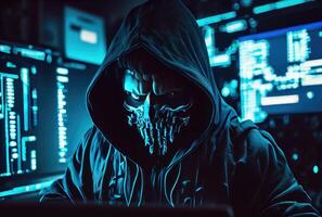 Hacker in the black hood in the server room. Unrecognizable people. Technology and Cybersecurity and Criminal concept. photo