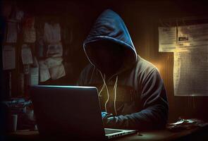 Hacker in the black hood in the server room. Unrecognizable people. Technology and Cybersecurity and Criminal concept. photo