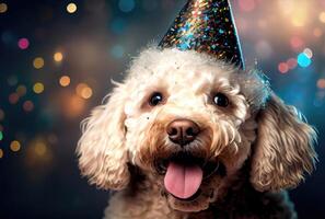 Closeup of portrait happy Poodle do wearing party hat for celebration with bokeh background. Animal and pet concept. Generative AI photo