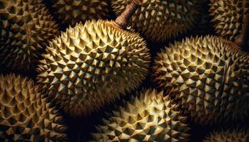 cerca arriba de Durian en oscuro negro antecedentes. Fresco Fruta y vegetal concepto. nutrición y vitamina tema. generativo ai foto