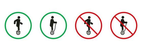 Electric Unicycle Hoverboard Gyroscooter Red and Green Signs. Gyro Scooter, Monowheel Silhouette Icons Set. Allowed and Prohibited Danger Transport Pictogram. Isolated Vector Illustration.