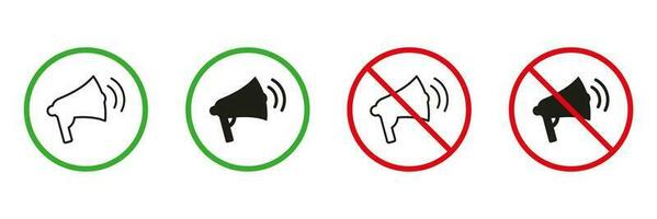 Loudspeaker Red and Green Warning Signs. Bullhorn, Loud Megaphone Line and Silhouette Icons Set. Allowed and Prohibited Loud Speaker Zone Pictogram. Isolated Vector Illustration.