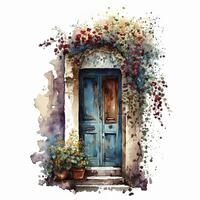 acogedor puerta con flores acuarela. ilustración ai generativo foto