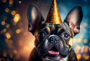 Portrait of cute happy French Bulldog in the celebration party with bokeh light and confetti in the dark background. photo