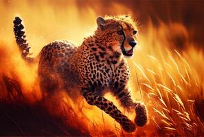 Cheetah running in South Africa meadow with yellow grass and golden sunlight background. photo