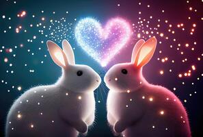 Rabbit couple with heart shape light background. Valentines day concept. photo