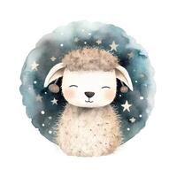 Cute watercolor night sheep and moon. Illustration photo