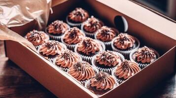 Delicious chocolate cupcakes in cardboard Illustration photo