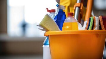 Cleaning products and tools on bucket Illustration photo