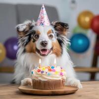 linda cumpleaños perro con pastel. ilustración ai generativo foto