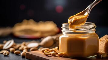 Spoon and glass jar with creamy peanut butter Illustration photo