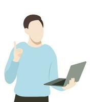 Guy with laptop in one hand, isolate on white, flat vector, job search, online, thumb up vector