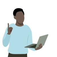 Black guy with laptop in one hand, isolate on white, flat vector, job search, online, thumb up vector