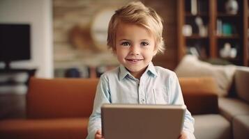 pequeño chico con tableta ordenador personal. ilustración ai generativo foto