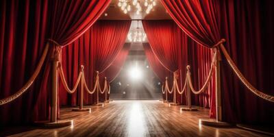 Red carpet, rope barriers and spot lights behind curtains indoors Illustration photo