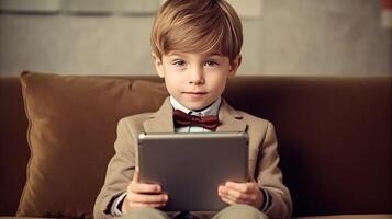 pequeño chico con tableta ordenador personal. ilustración ai generativo foto