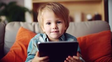 Little boy with tablet pc. Illustration photo