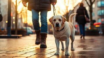 propietario y perro caminando en ciudad. ilustración ai generativo foto