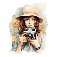 Close Up Watercolor Woman Carry Camera Concept vector