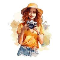Watercolor Beautiful Female Tourist With Camera Concept vector