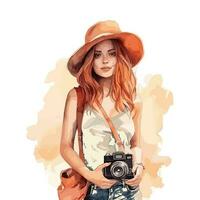 Watercolor Woman Traveler With Camera Concept vector