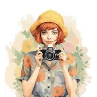 Watercolor Portrait of Fashion Girl with a Hat and Camera, Immersed in Beauty vector