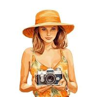 Watercolor Woman In Tank Top With Camera Concept vector