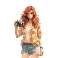 Watercolor Art Portrays a Pretty Girl in Short Jeans with Camera vector