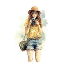 Watercolor Long Hair Girl with a Hat, Bag, and Camera vector