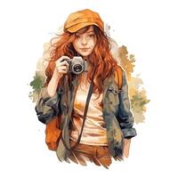 Watercolor Woman Pose With Camera Concept, National Photography Day, Ai generated vector