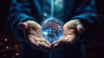 Hands with virtual global internet connection metaverse Illustration photo