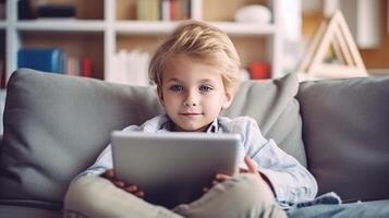 Little boy with tablet pc. Illustration photo