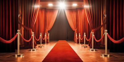 Red carpet, rope barriers and spot lights behind curtains indoors Illustration photo