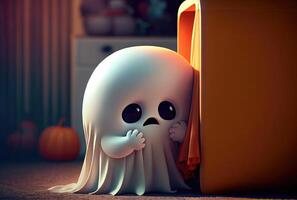 Cute spooky fabric ghost doing hide and seek in Halloween party background. Funny character art concept. and photo