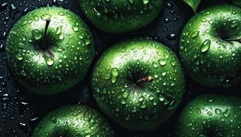 cerca arriba de limpiar verde manzanas con agua soltar en oscuro negro antecedentes. Fresco Fruta y vegetal concepto. nutrición y vitamina tema. generativo ai foto
