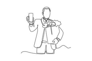 Continuous one line drawing Happy people showing mobile phone screens. Holding smartphone. Smartphone concept. Single line draw design vector graphic illustration.